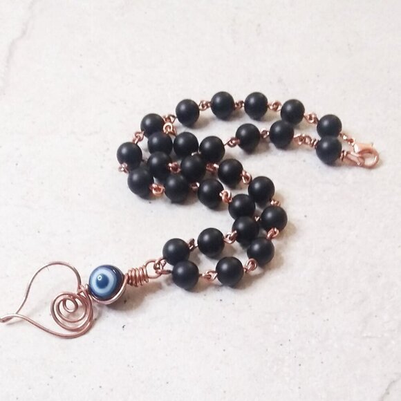 Handmade & Unique! Wire Wrapped Heart Necklace ~ Black Stone + Copper ~ Evil Eye - Picture 8 of 15